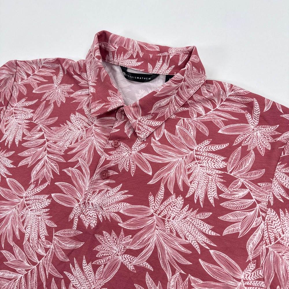 Travis Mathew Mens Polo XL Burgundy Floral Tropical Leaf Performance Golf